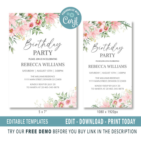 Editable Spring Floral Birthday Party Invitation