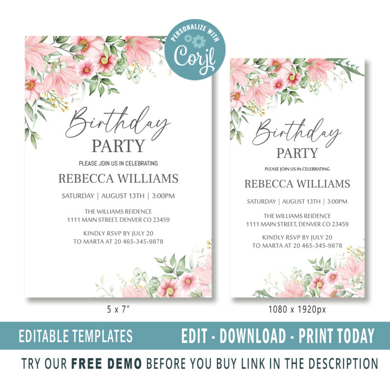 Editable Spring Floral Birthday Party Invitation