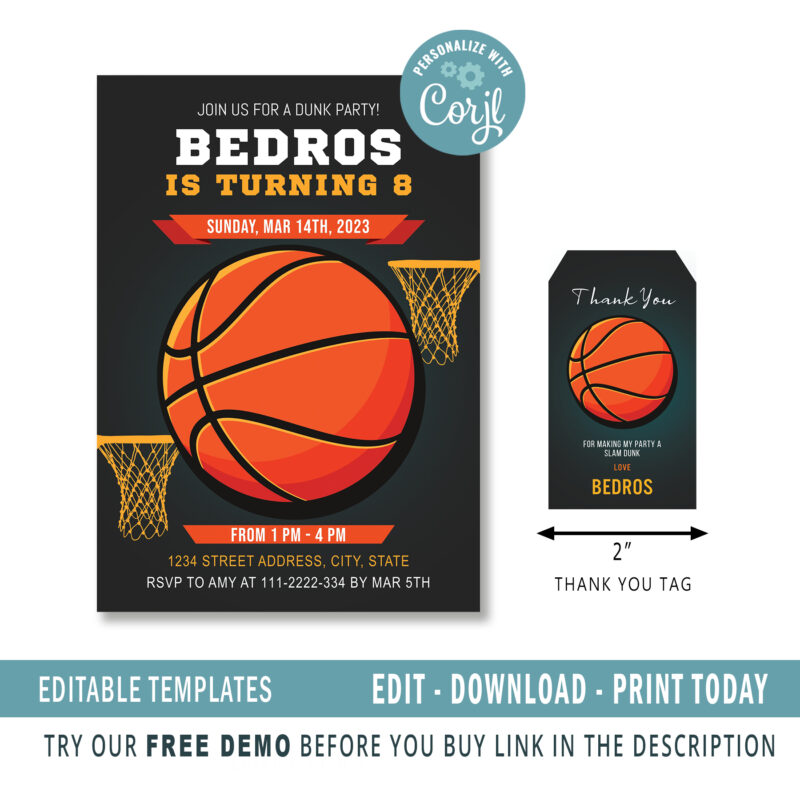 Editable Basketball invitation, Thank you Tags - Image 2