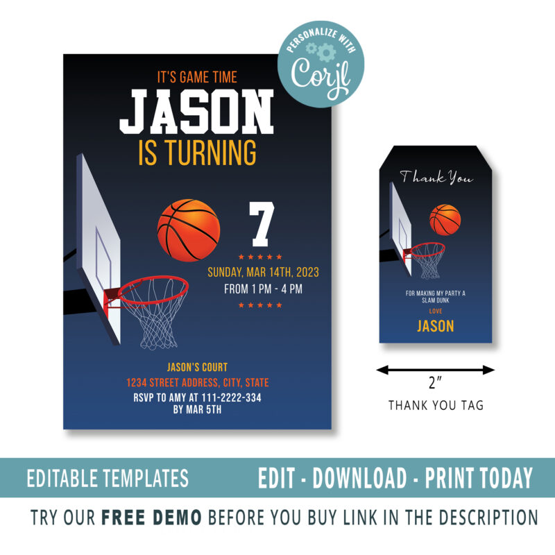 Editable Basketball invitation, Thank you Tags - Image 2