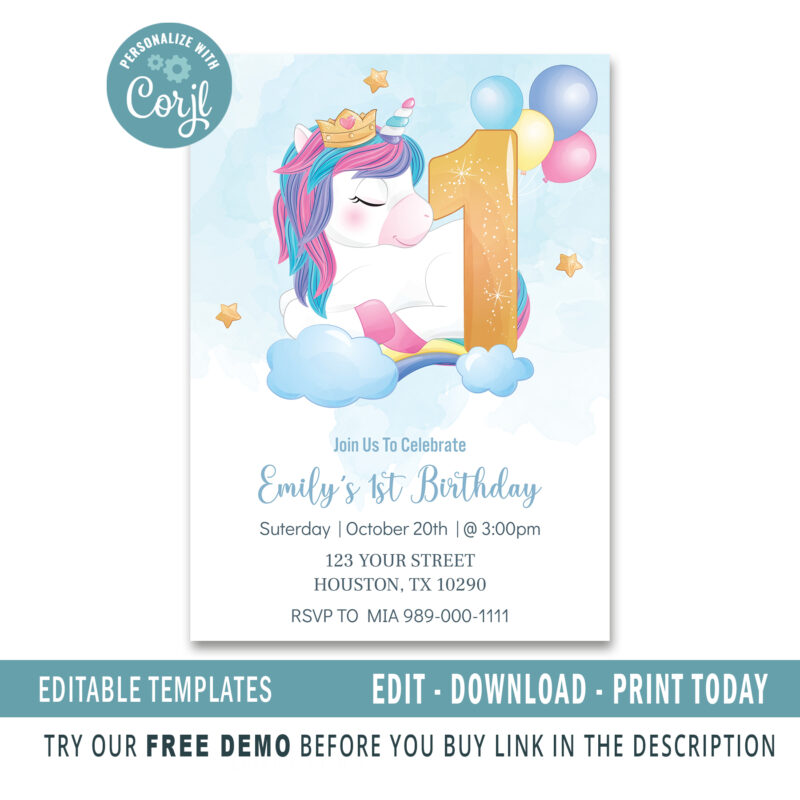 Editable Unicorn 1st Birthday Invitation card - Image 2