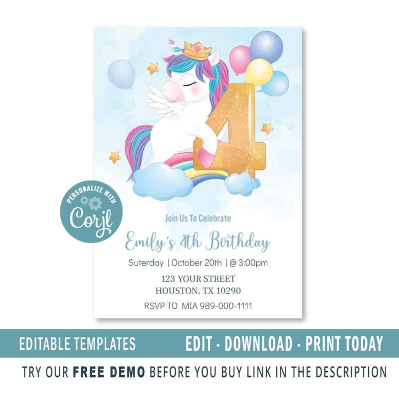 Editable Unicorn Birthday Invitation card - Image 2
