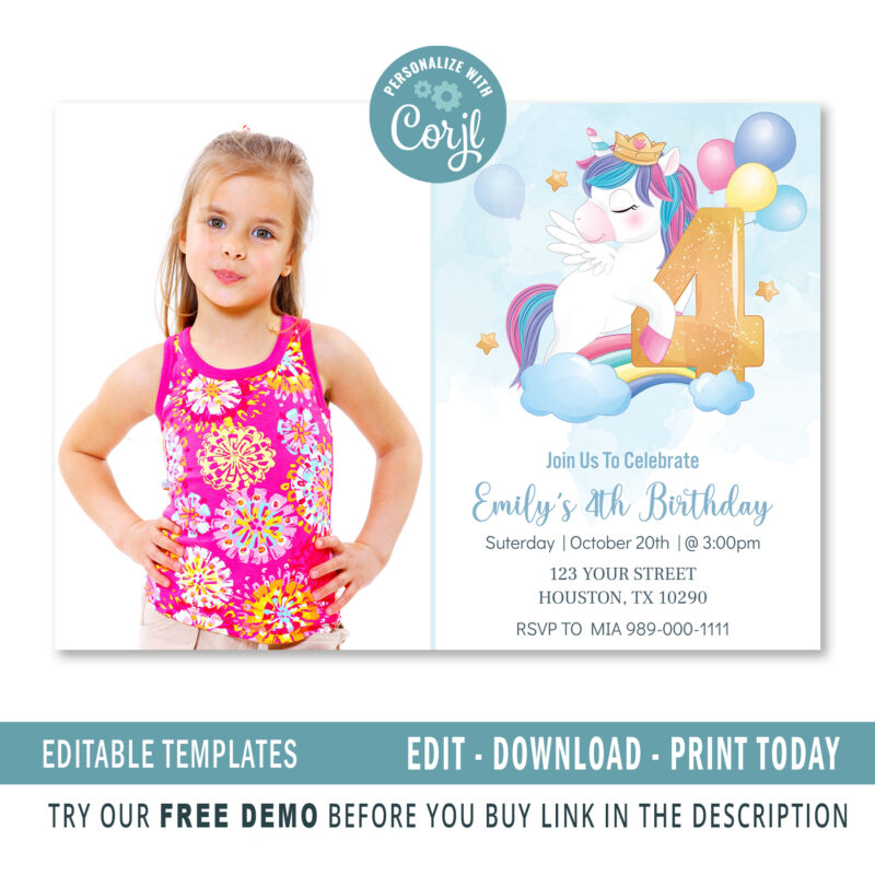 Editable Unicorn Birthday Invitation card