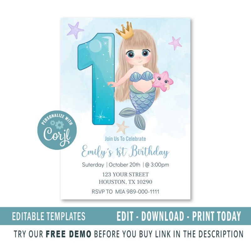 Editable Mermaid 1st birthday invitation template - Image 2