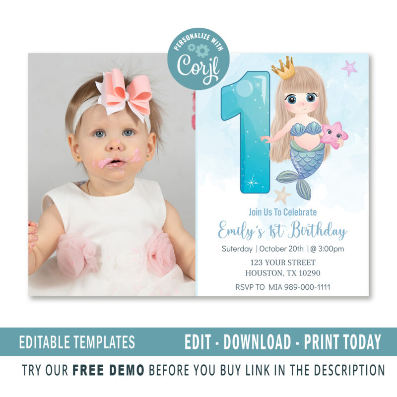 Editable Mermaid 1st birthday invitation template
