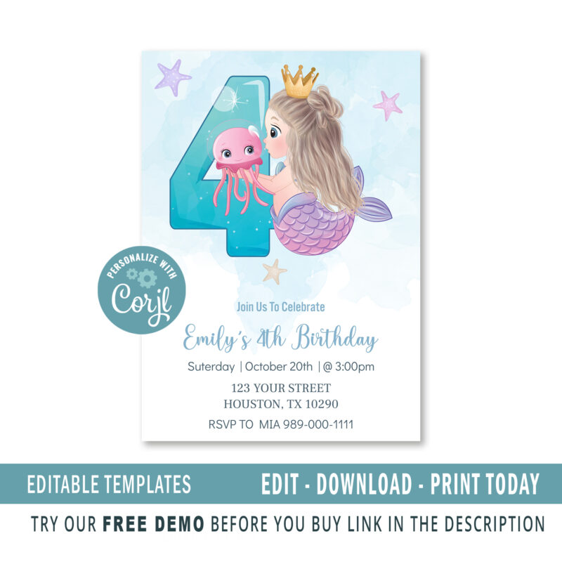 Editable Mermaid 4th birthday invitation template - Image 2