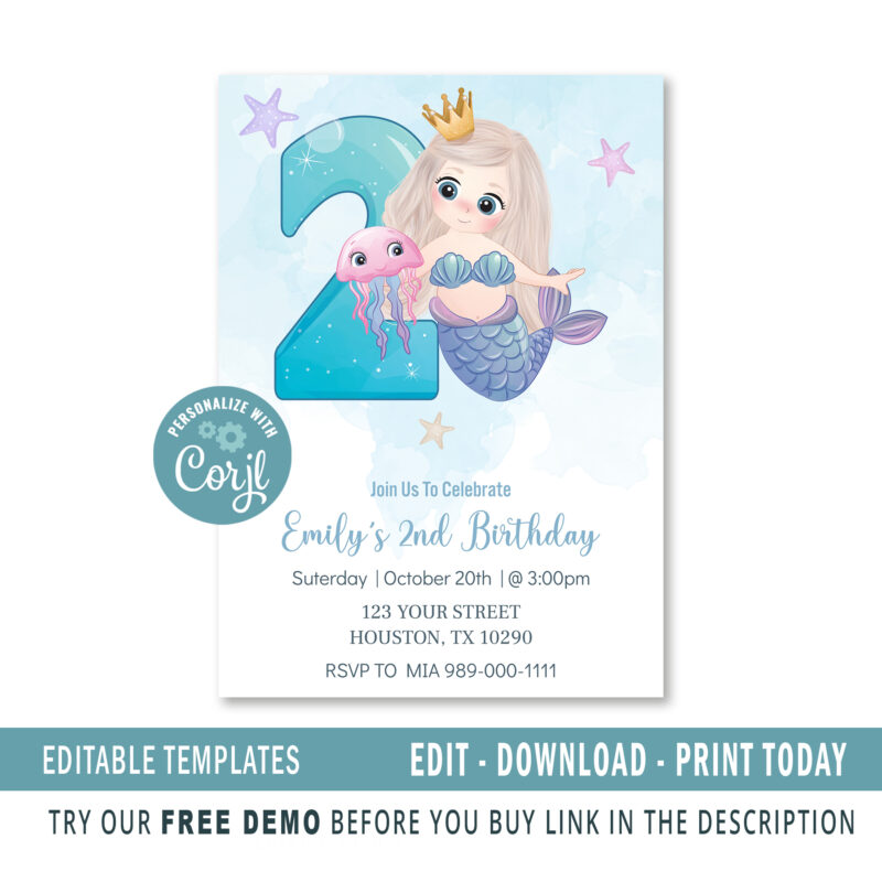 Editable Mermaid 2nd birthday invitation template - Image 2