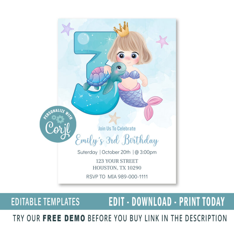 Editable Mermaid 3rt birthday invitation template - Image 2