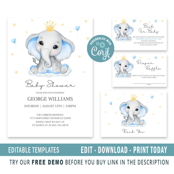 Editable Elephant Baby Shower Invitation