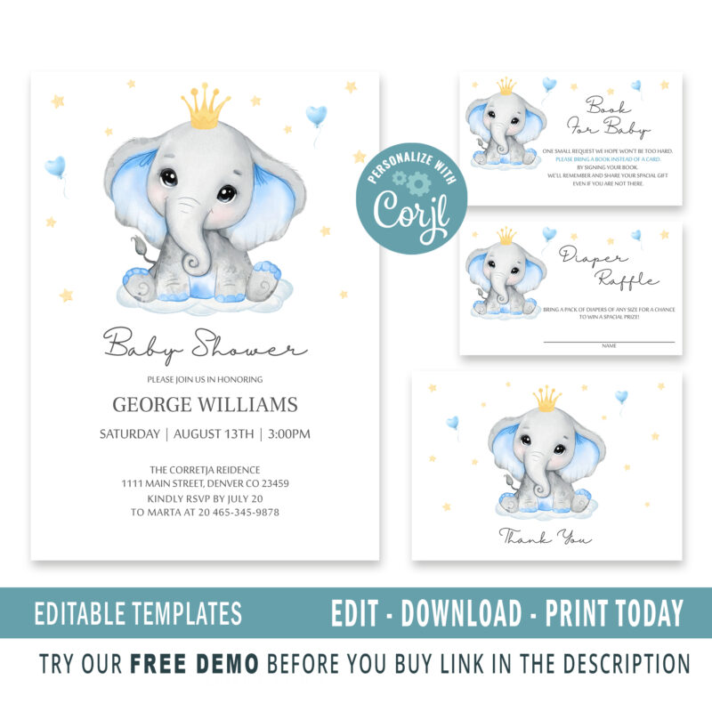 Editable Elephant Baby Shower Invitation