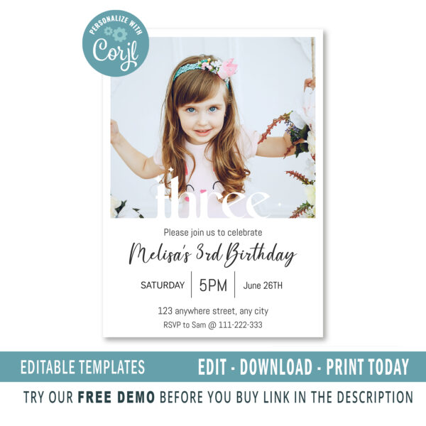 Editable 3rd Birthday invitation