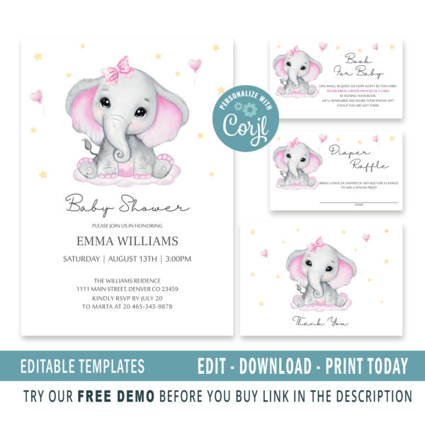 Editable Elephant Baby Shower Invitation