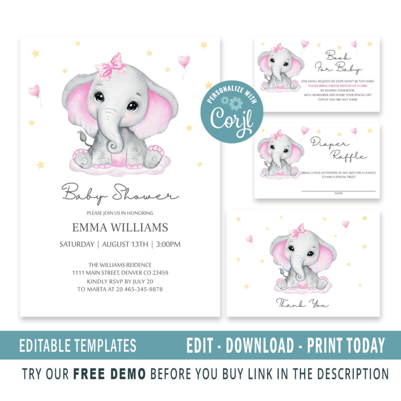 Editable Elephant Baby Shower Invitation
