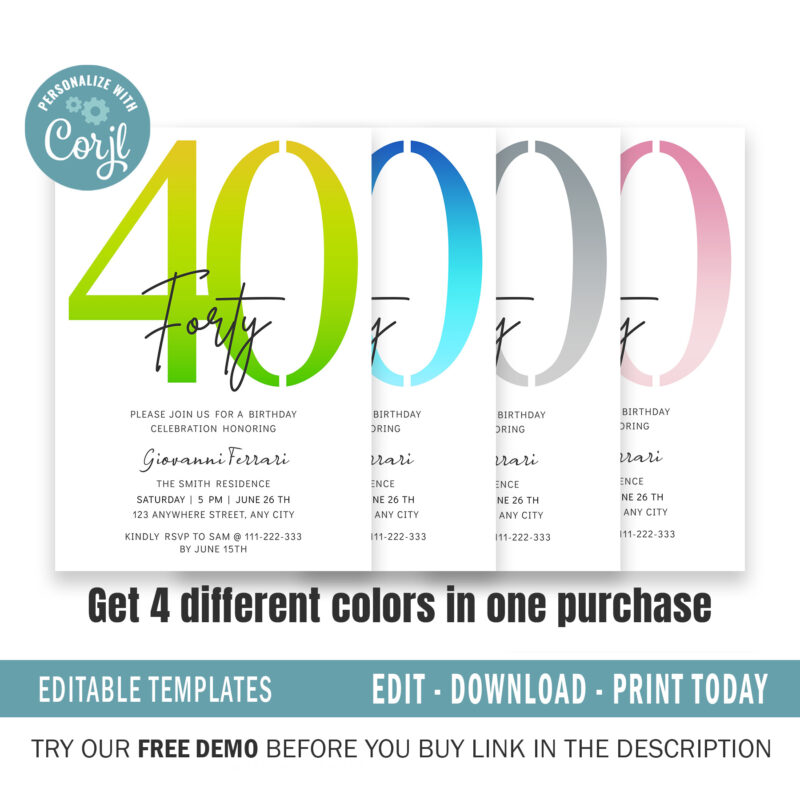 Editable 40th Birthday Invitation, 4 colors included. - Image 2