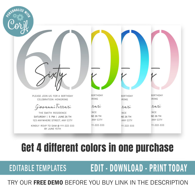 Editable 60th Birthday Invitation, 4 colors included. - Image 3