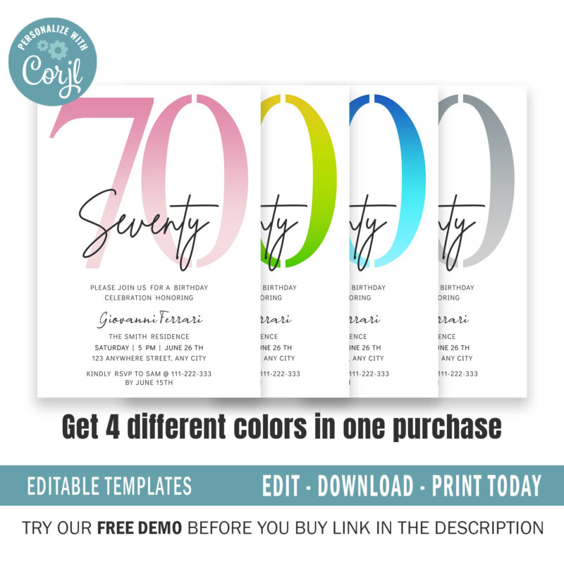 Editable 70th Birthday Invitation, 4 colors included. - Image 3