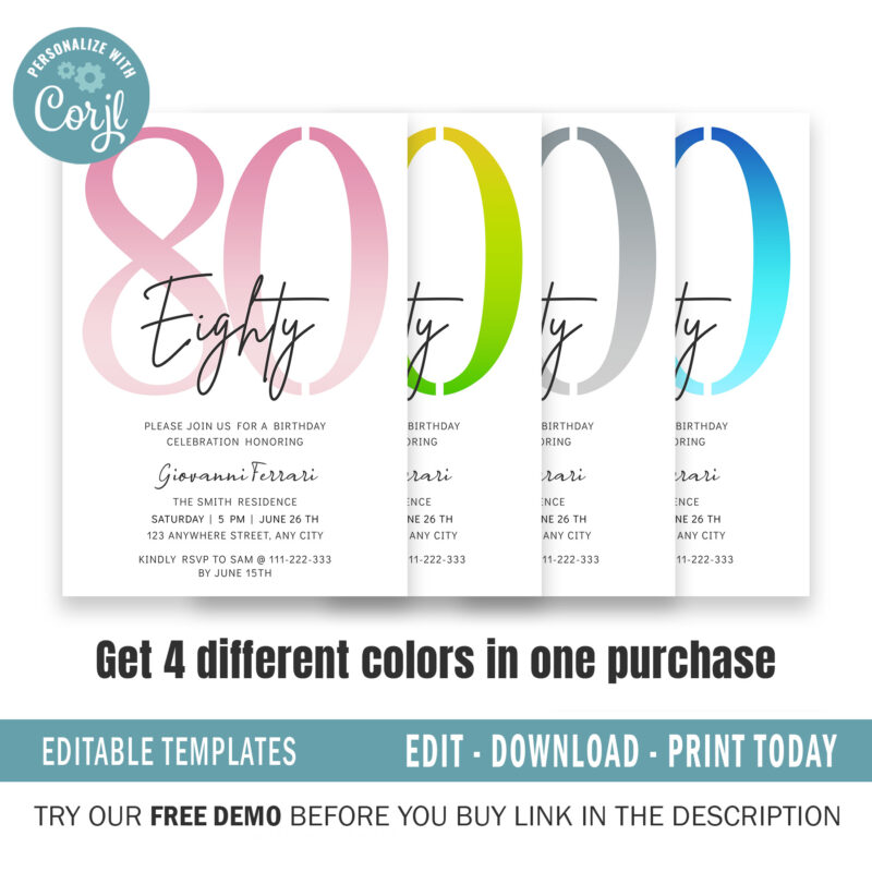 Editable 80th Birthday Invitation, 4 colors included. - Image 2