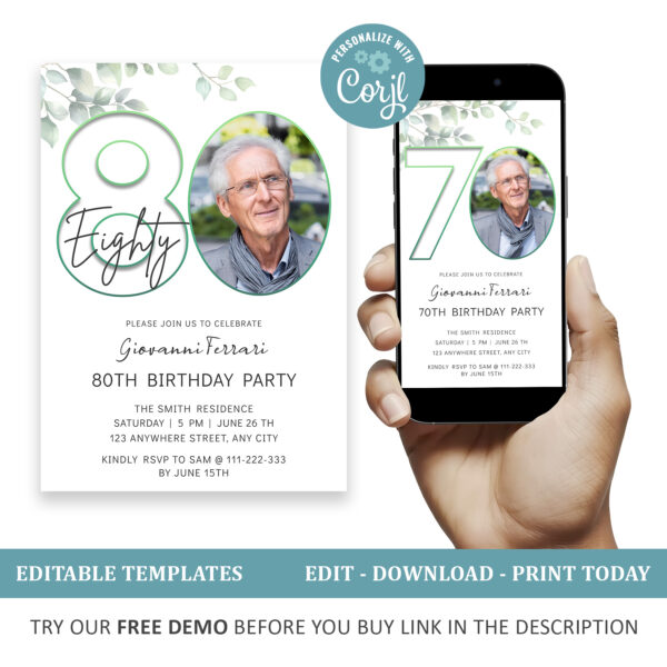 Editable 80th Birthday Invitation