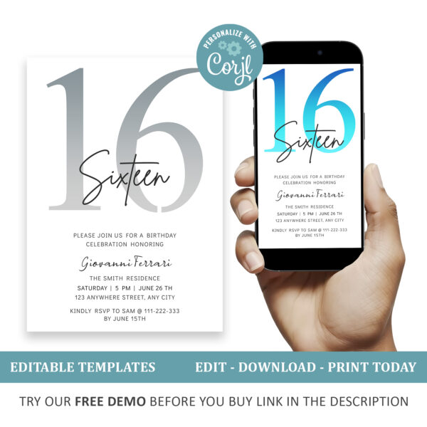 Editable 16th Birthday Invitation, 4 colors included.