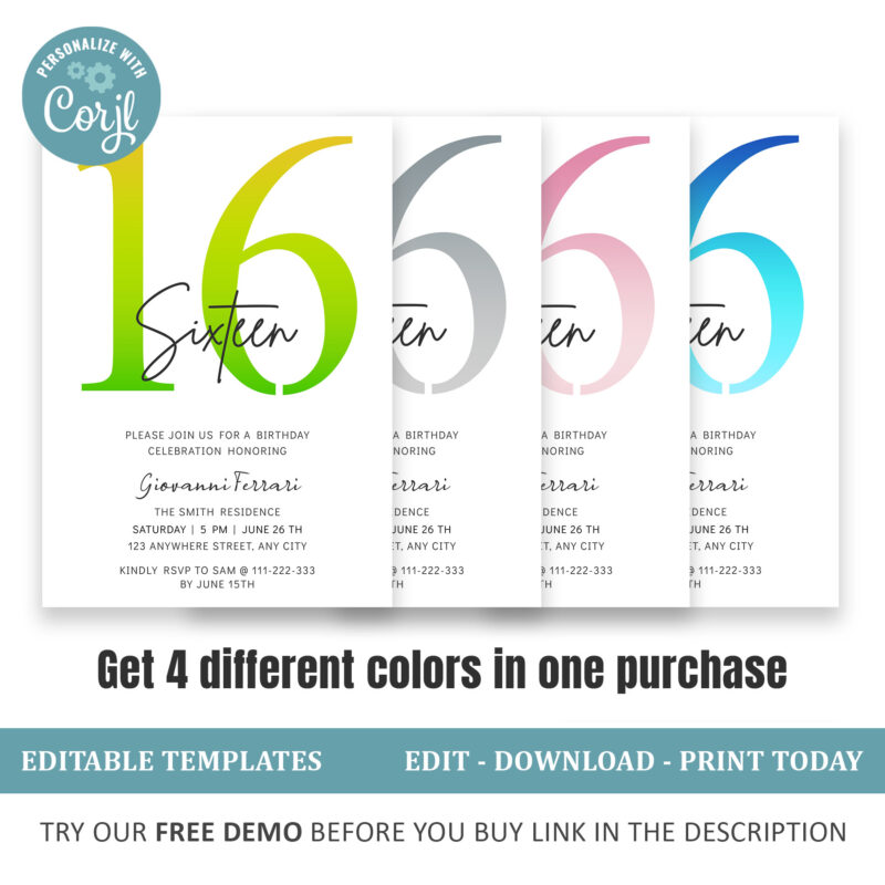 Editable 16th Birthday Invitation, 4 colors included. - Image 2