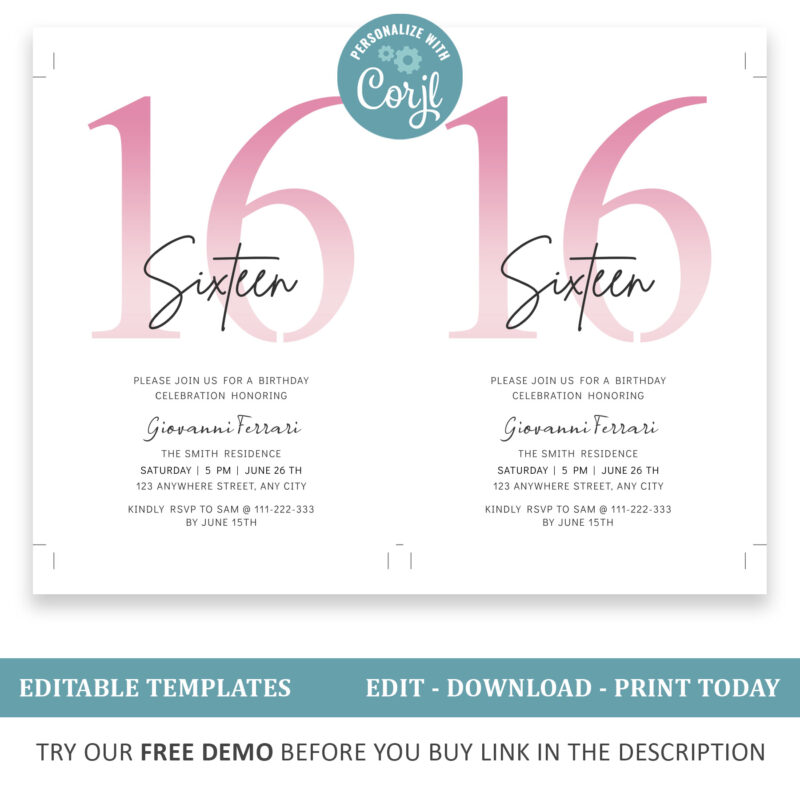 Editable 16th Birthday Invitation, 4 colors included. - Image 3