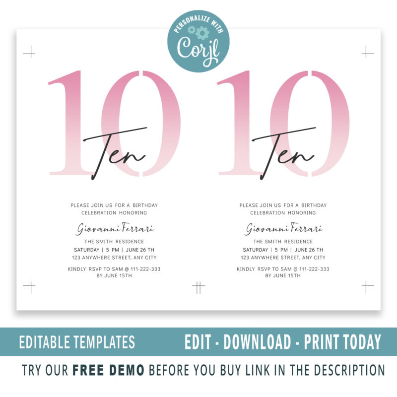 Editable 10th Birthday Invitation, 4 colors included. - Image 3