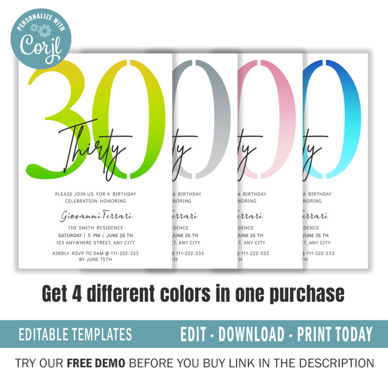 Editable 30th Birthday Invitation, 4 colors included. - Image 2
