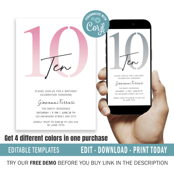 Editable 10th Birthday Invitation, 4 colors included.