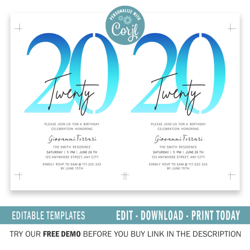 Editable 20th Birthday Invitation, 4 colors included. - Image 3