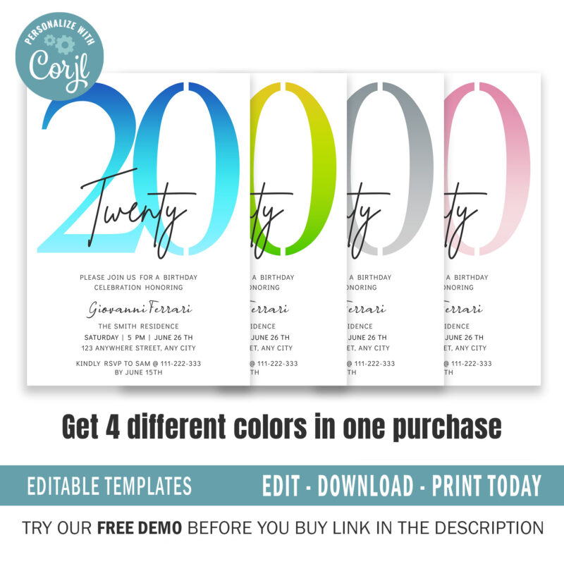 Editable 20th Birthday Invitation, 4 colors included. - Image 2