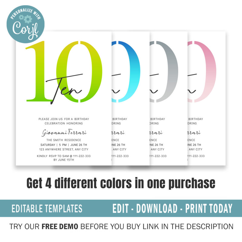 Editable 10th Birthday Invitation, 4 colors included. - Image 2