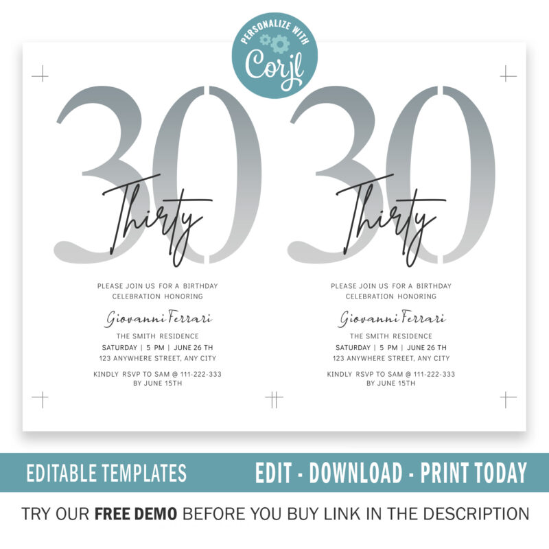 Editable 30th Birthday Invitation, 4 colors included. - Image 3