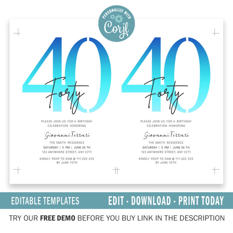 Editable 40th Birthday Invitation, 4 colors included. - Image 3