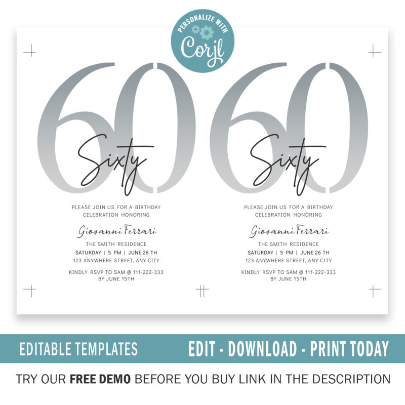 Editable 60th Birthday Invitation, 4 colors included. - Image 2