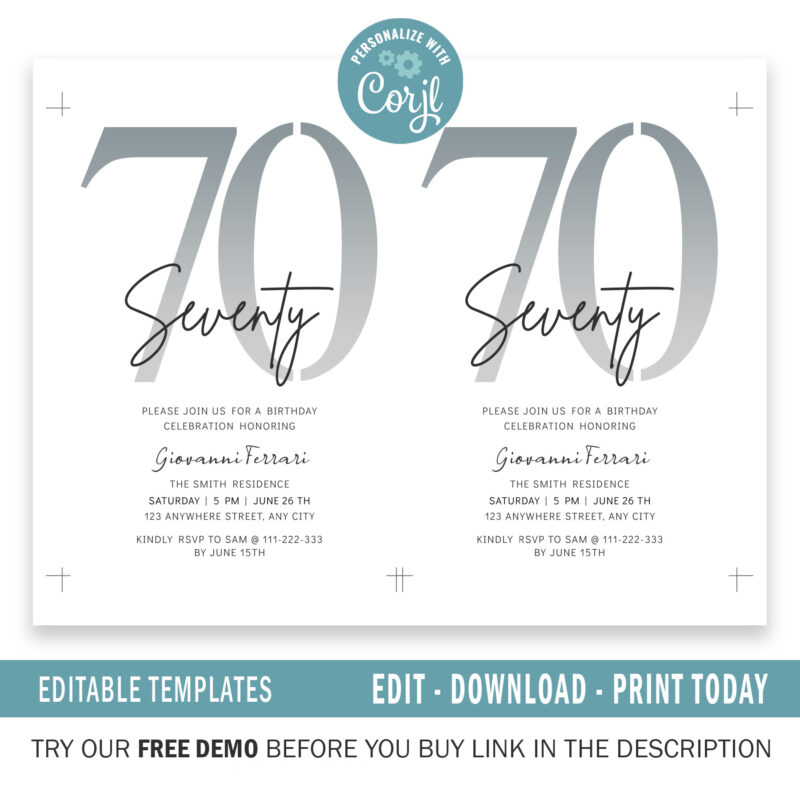 Editable 70th Birthday Invitation, 4 colors included. - Image 2