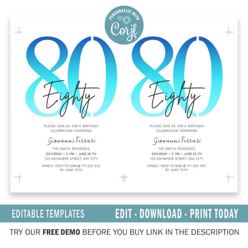 Editable 80th Birthday Invitation, 4 colors included. - Image 3