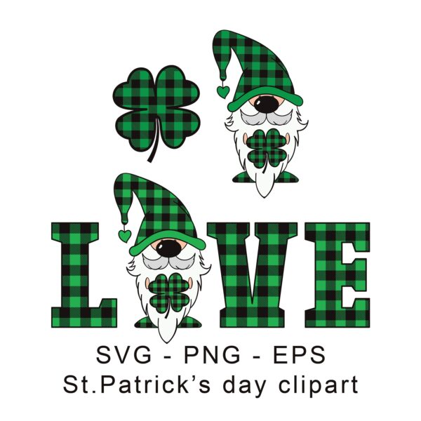 St. Patrick's Day Gnome SVG design featuring a cute gnome, the word LOVE, and a heart, all decorated with a vibrant rainbow plaid pattern
