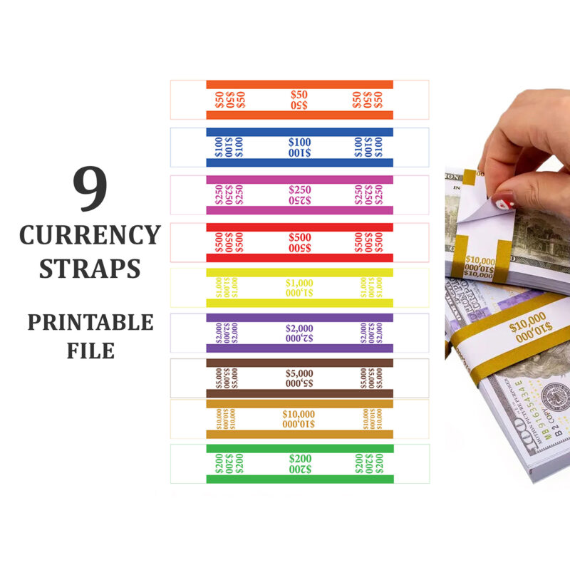 An image advertising a 'Printable File' of 9 currency straps. On the left is a vertical stack of the colorful, flat strap designs. On the right, a photo shows a hand using a similar strap to secure a thick stack of US dollar bills