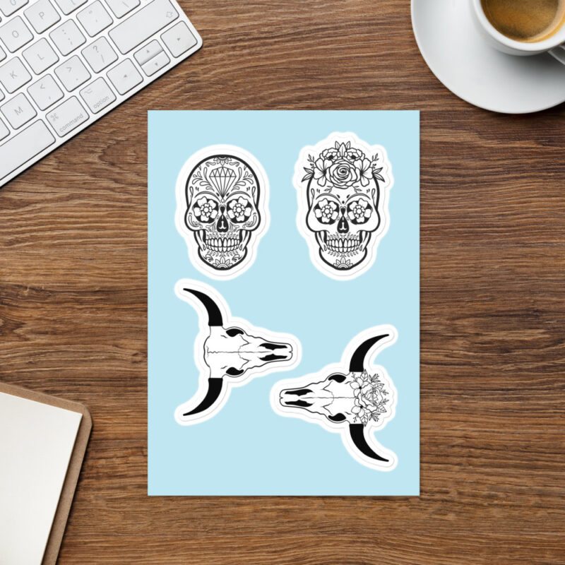 Gothic Floral Skull Sticker Sheet | Sugar Skull & Bull Skull Decals - Image 3