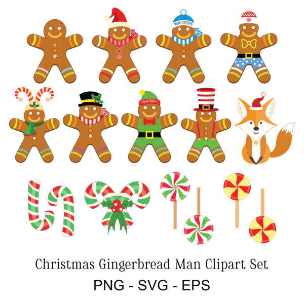 Cute Christmas Gingerbread, Fox, and Candy Vector Collection