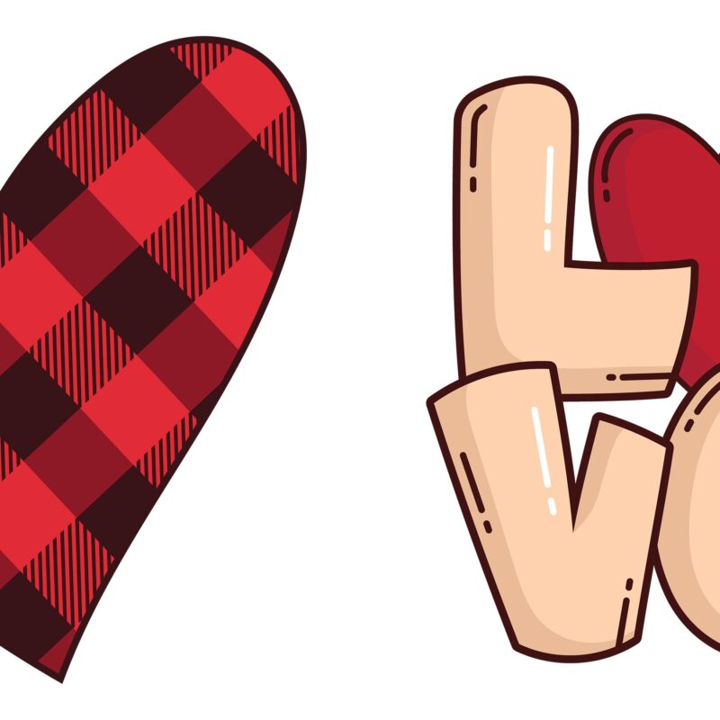 A bundle of Valentine's Day clipart featuring red and white buffalo plaid hearts, a 'Bee Mine' graphic, a love letter in an envelope, and 'LOVE' text with arrows.
