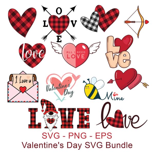 A bundle of Valentine's Day clipart featuring red and white buffalo plaid hearts, a 'Bee Mine' graphic, a love letter in an envelope, and 'LOVE' text with arrows.