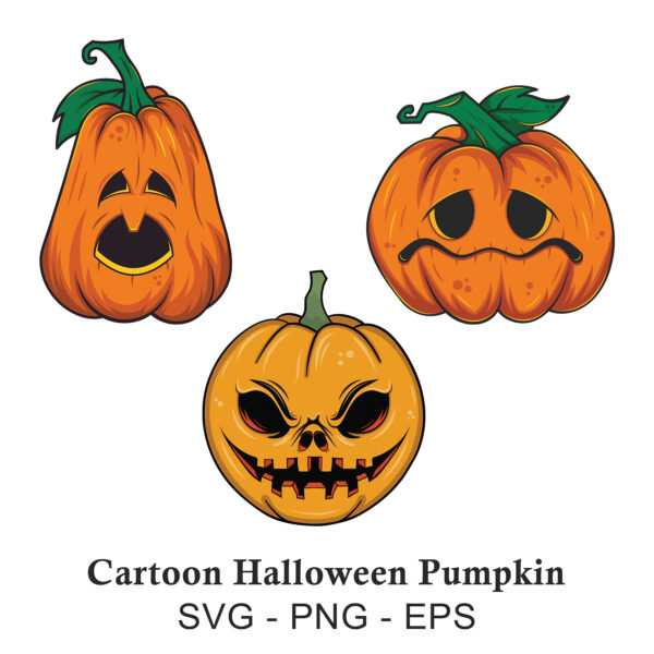 A Halloween Pumpkin SVG bundle featuring three spooky and scary Jack O' Lanterns with cartoon faces, perfect for Halloween crafts and decorations