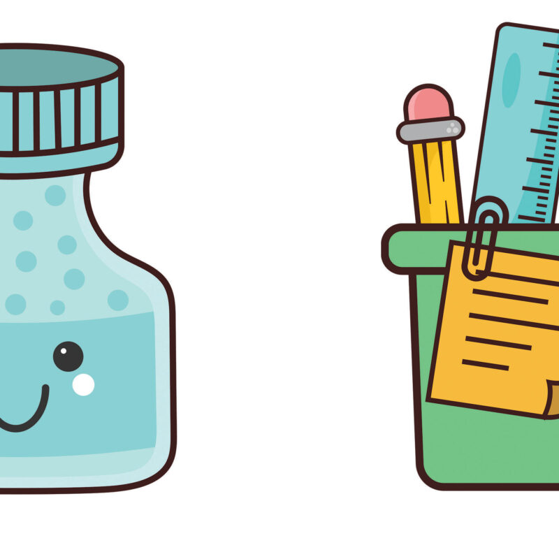 A large bundle of kawaii-style back to school clipart featuring dozens of cute, smiling school supplies like pencils, crayons, a backpack, and a soccer bal