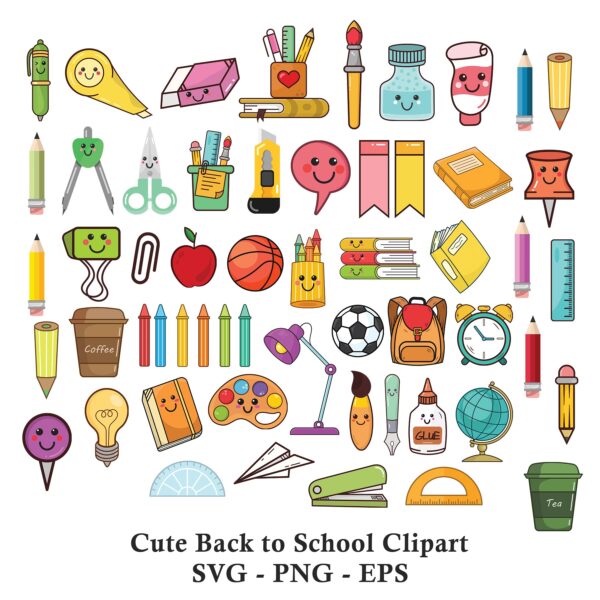 A large bundle of kawaii-style back to school clipart featuring dozens of cute, smiling school supplies like pencils, crayons, a backpack, and a soccer bal