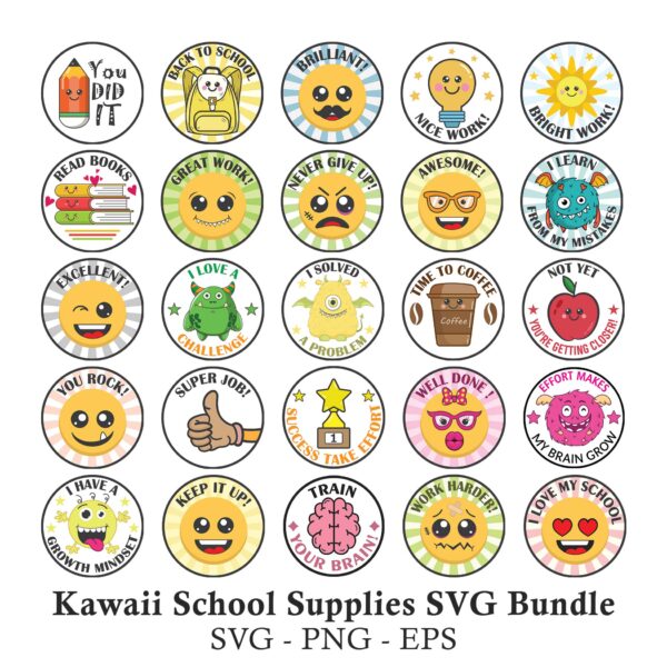 Kawaii School Supplies SVG Bundle with cute smiling pencils, books, and erasers for teachers.