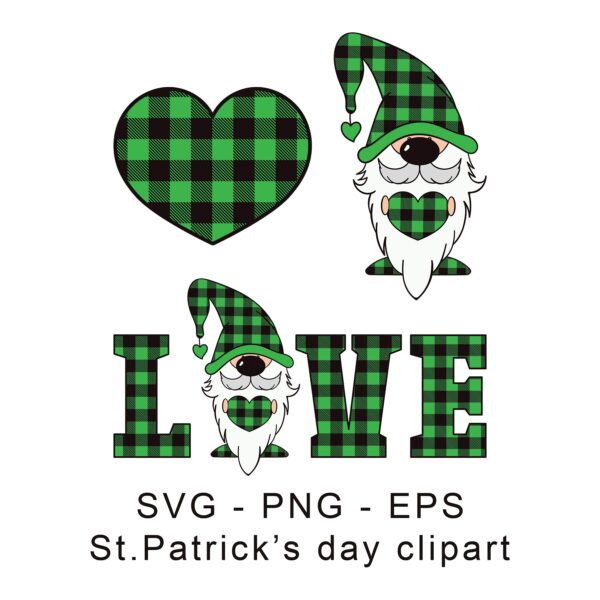 St. Patrick's Day Gnome SVG design featuring a cute gnome, the word LOVE, and a heart, all decorated with a vibrant rainbow plaid pattern