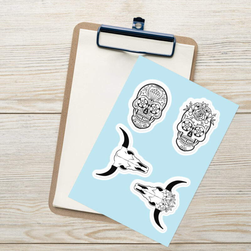 Gothic Floral Skull Sticker Sheet | Sugar Skull & Bull Skull Decals - Image 2