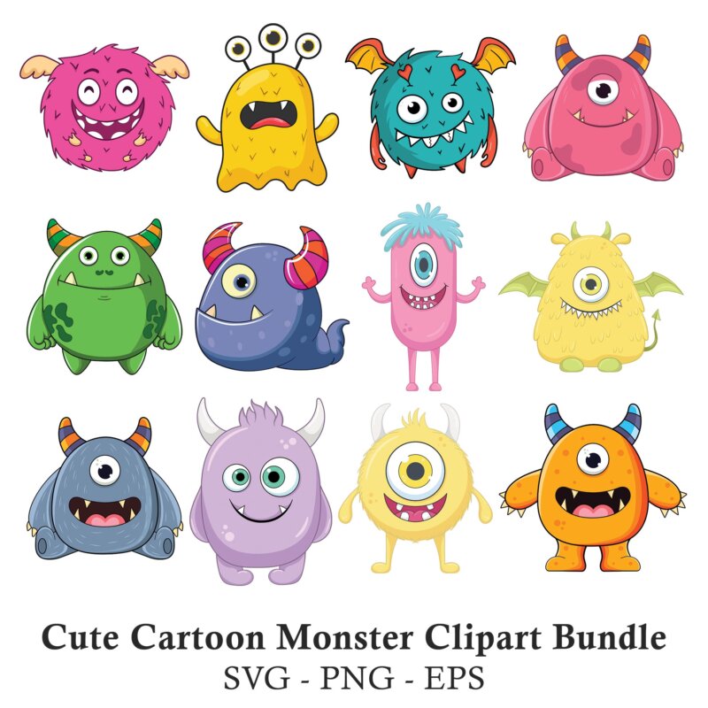 A Cute Monster SVG bundle featuring a collection of 12 colorful and funny cartoon monsters, perfect for kids' birthday parties and crafting projects.