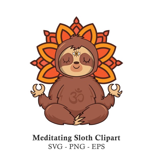 A cute cartoon sloth with a third eye on its forehead and an Om symbol on its belly, meditating in a lotus yoga pose in front of a large orange mandala